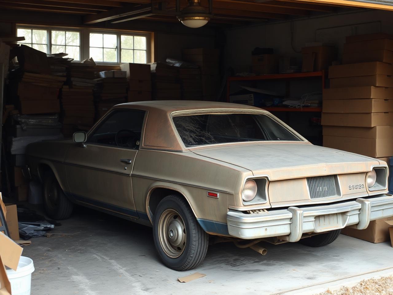 Old coupe sitting in a residential garage with boxes around it