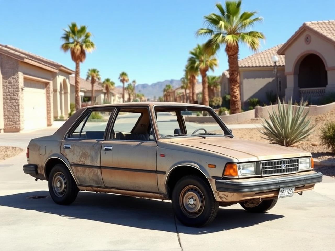 Old sedan sitting in a Henderson driveway with palms in the distance