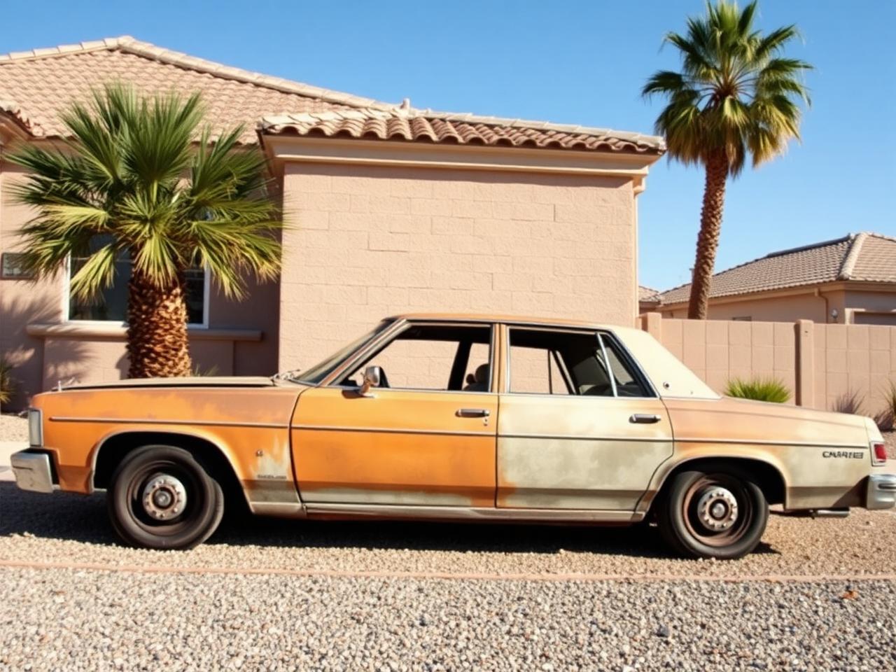 Old sedan on the RV side strip of a Las Vegas home