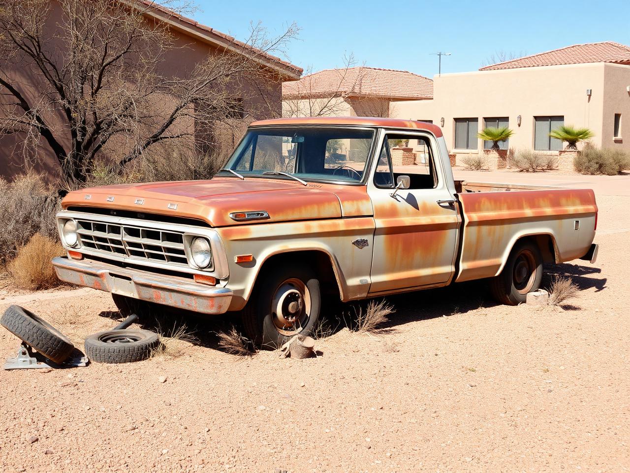 Faded old pickup in a desert side lot, missing a wheel