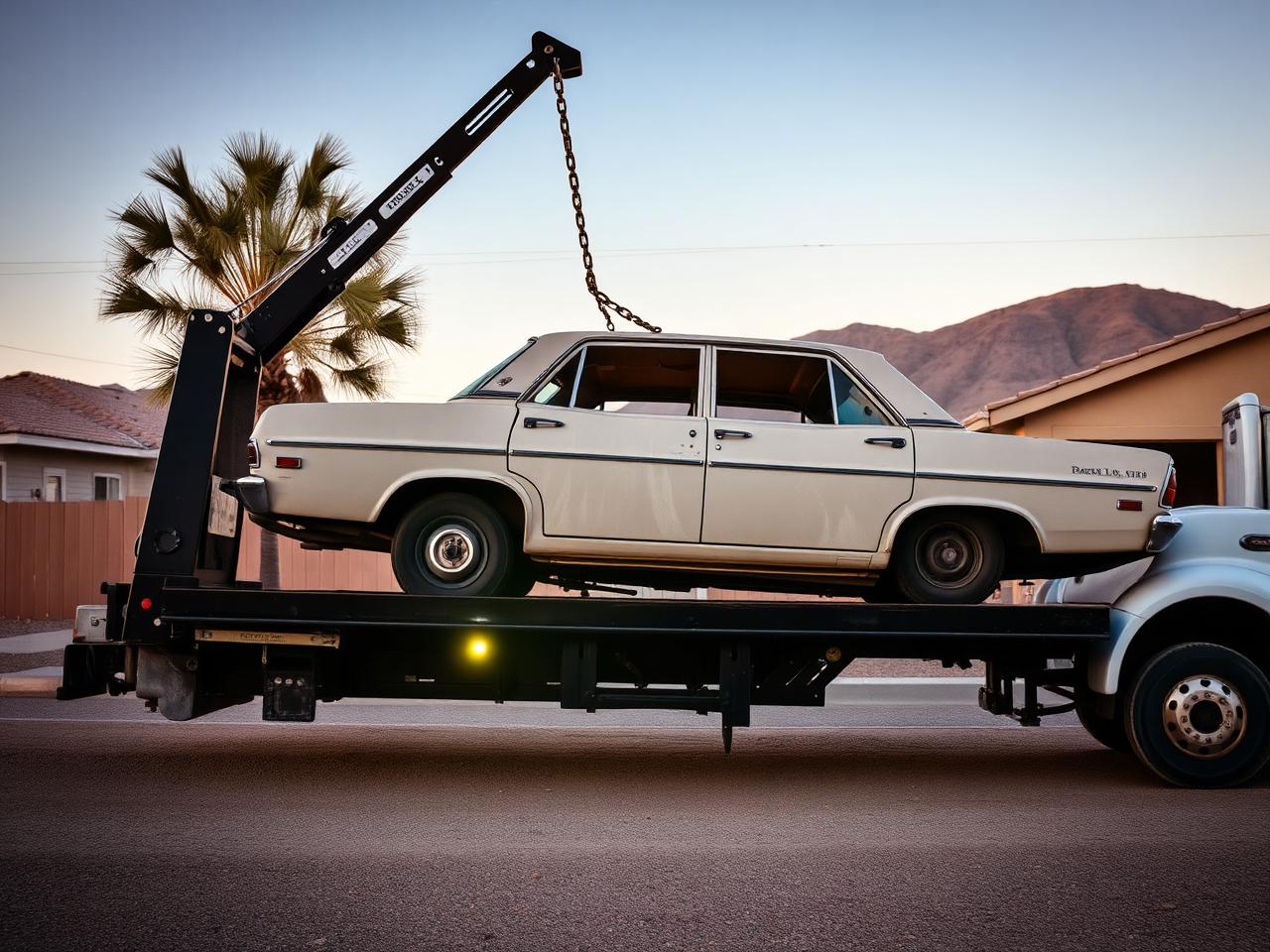 Flatbed tow truck winching an old sedan in a desert Las Vegas neighborhood